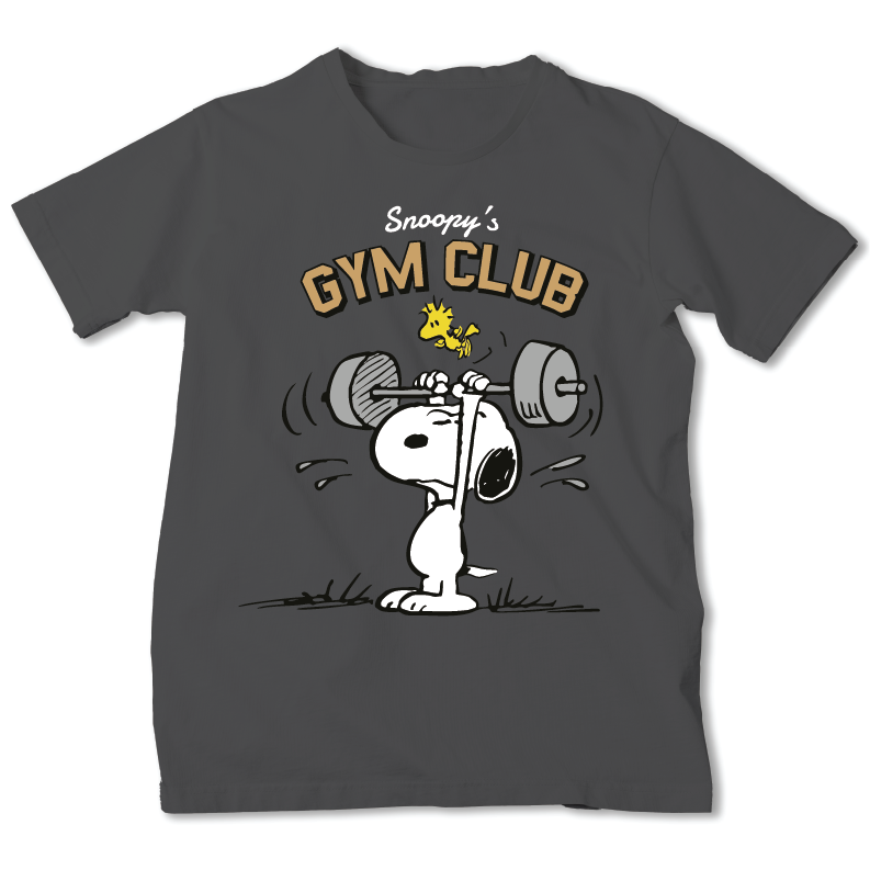 A dark gray short-sleeve t-shirt featuring a cartoon graphic of Snoopy lifting a barbell with Woodstock above it and the text 'Snoopy's GYM CLUB' printed on the chest.