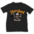 A black short-sleeve t-shirt featuring a Disneyland Halloween graphic with a skeleton Mickey Mouse, pumpkins, bats, and orange dripping 'Disneyland' text.