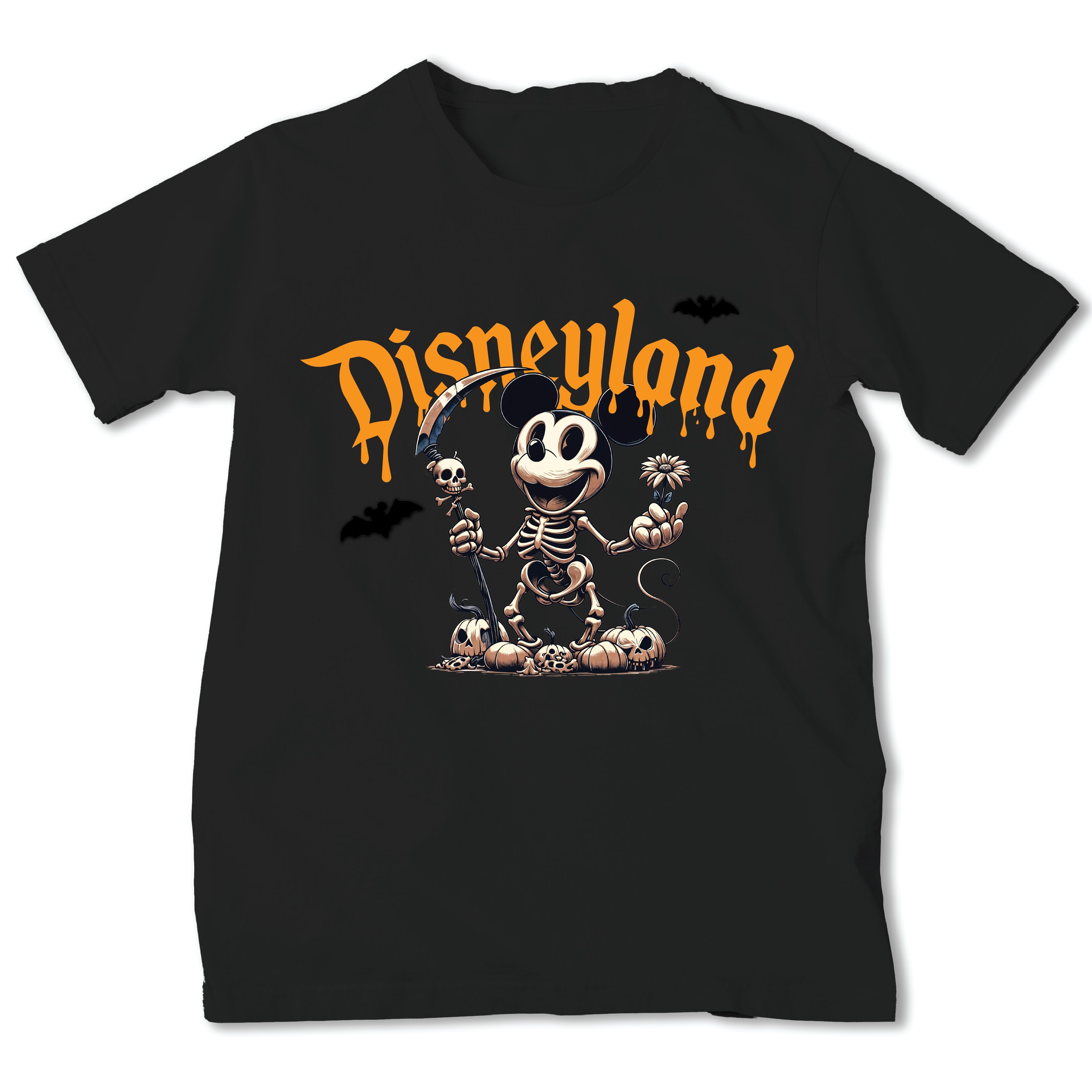 A black short-sleeve t-shirt featuring a Disneyland Halloween graphic with a skeleton Mickey Mouse, pumpkins, bats, and orange dripping 'Disneyland' text.