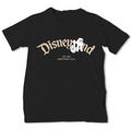 A black short-sleeve t-shirt with a vintage-style graphic on the chest reading 'Disneyland' in beige script, featuring a white mouse silhouette and the text 'EST. 1954' and 'MAIN STREET U.S.A.