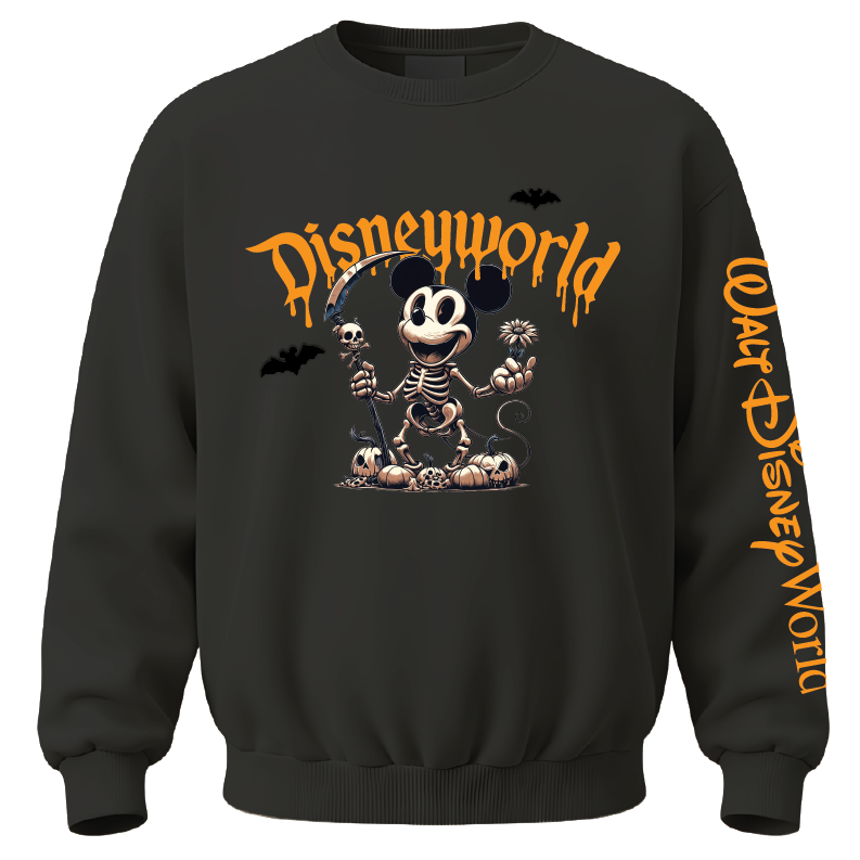 A black crewneck sweatshirt featuring a Halloween-themed Disneyworld graphic on the front with a skeleton Mickey Mouse, skulls, bats, and orange dripping text. The left sleeve features vertical orange text reading 'Walt Disney World'.