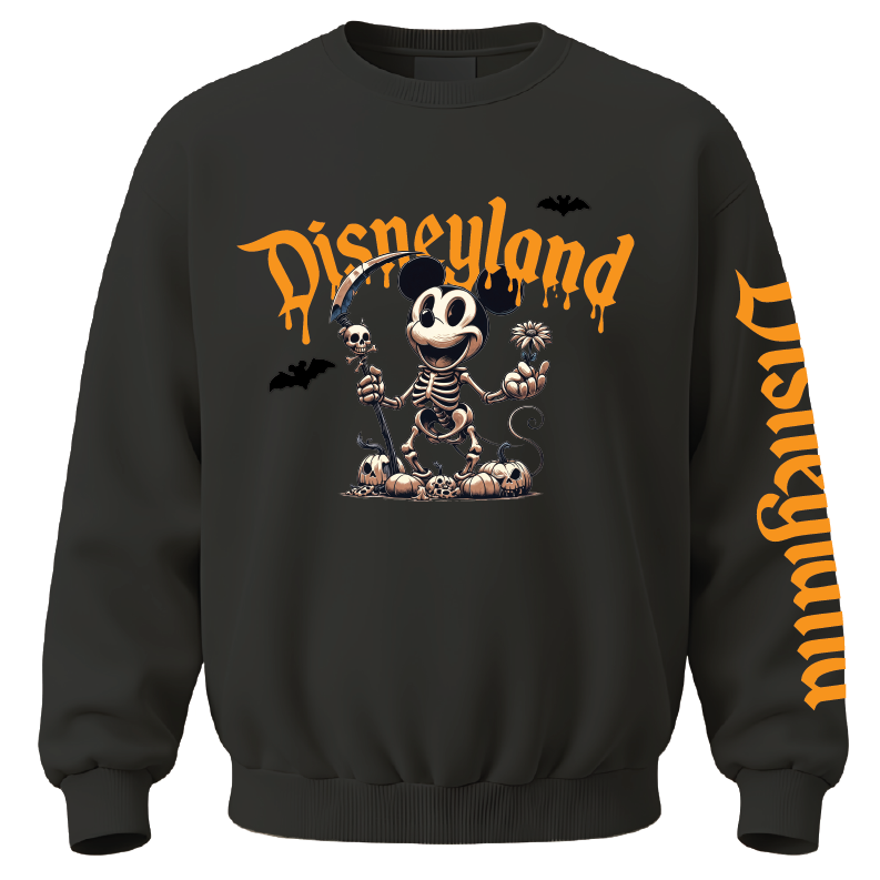A black crewneck sweatshirt featuring a Halloween-themed Disneyland graphic on the front with a skeleton Mickey Mouse, pumpkins, bats, and orange dripping text, plus vertical orange text on the sleeve.
