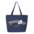 A navy blue canvas tote bag with 'Disneyland' written in a beige script font.