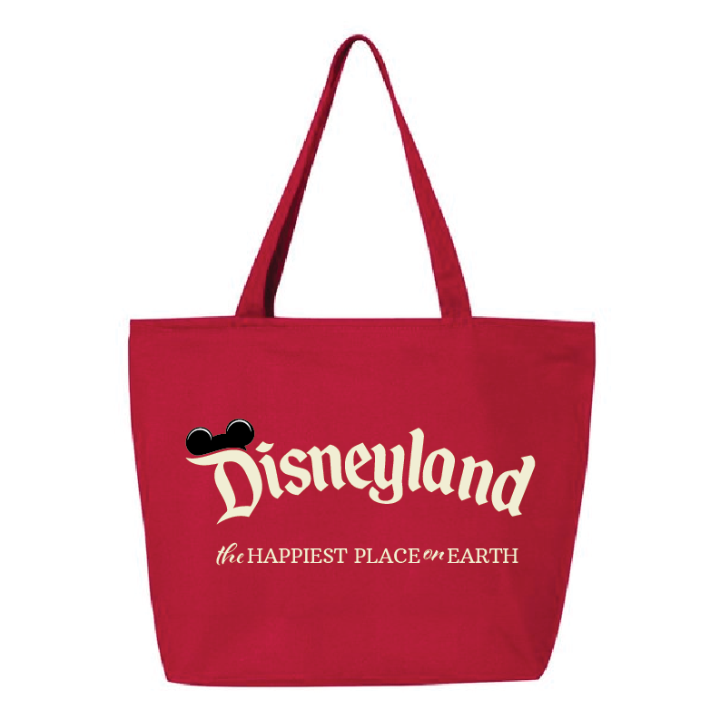 A red canvas tote bag featuring the Disneyland logo in cream with a black Mickey Mouse head silhouette, and the text 'the HAPPIEST PLACE on EARTH' below.