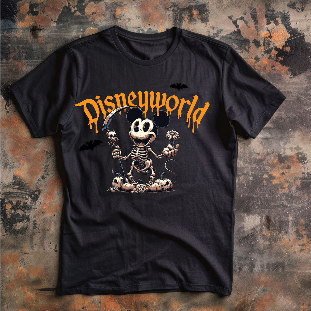 A black short-sleeve graphic T-shirt laid flat on a textured rusted metal surface. The shirt features a Halloween-themed Disneyworld design with the word 'Disneyworld' in orange dripping letters, a skeleton Mickey Mouse holding a scythe and skull, skulls, bats, and small flowers.