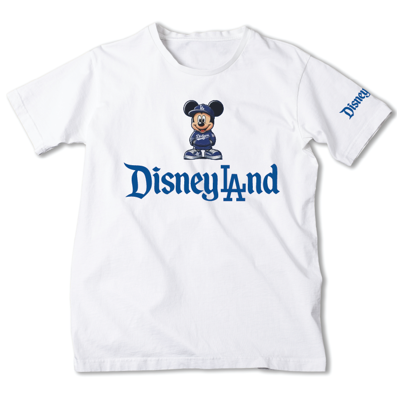 A white short-sleeve t-shirt featuring a classic Mickey Mouse graphic above the blue 'Disneyland' text on the front, with a blue 'Disney' logo printed on the right sleeve.