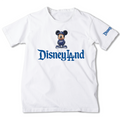 A white short-sleeve t-shirt featuring a classic Mickey Mouse graphic above the blue 'Disneyland' text on the front, with a blue 'Disney' logo printed on the right sleeve.