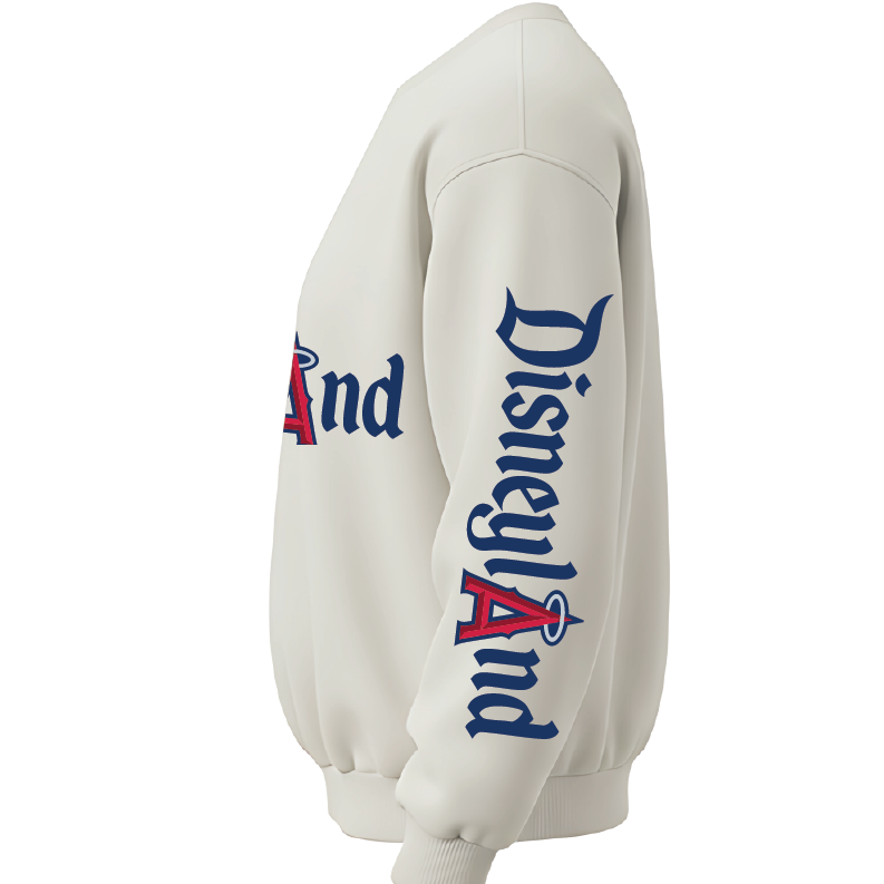 An off-white crewneck sweatshirt shown from a side profile view, featuring 'DisneyLAnd' printed in blue and red gothic font down the right sleeve.