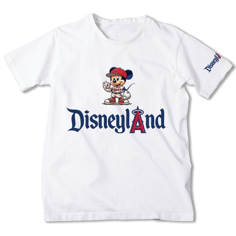 A white short-sleeve Disney Angels T-shirt featuring Mickey Mouse in a baseball uniform above the text 'Disneyland' on the front, with a small Disney logo printed on the right sleeve.