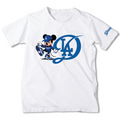 A white short-sleeve t-shirt featuring a blue Los Angeles Dodgers Mickey Mouse graphic on the front, with a Disney logo printed on the right sleeve.