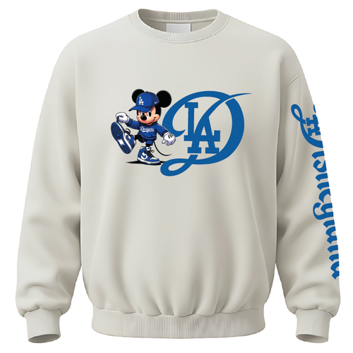 An off-white crewneck sweatshirt featuring a blue and white Los Angeles Dodgers Mickey Mouse graphic on the chest, with blue script text printed down the right sleeve.