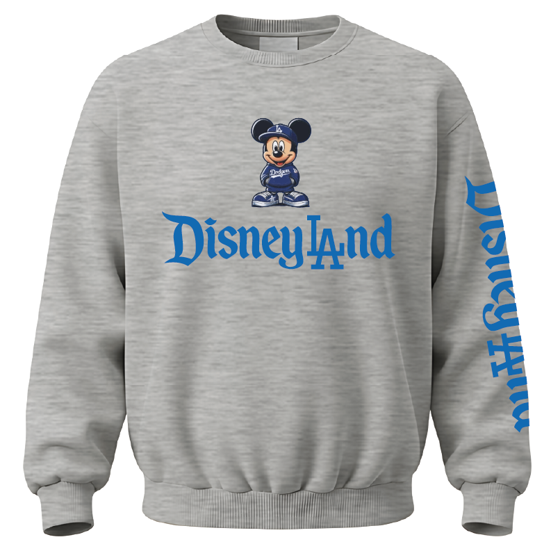 A heather gray crewneck sweatshirt featuring a Mickey Mouse graphic in a Dodgers baseball uniform with 'Disneyland' written in blue across the chest, and 'Disneyland' printed vertically in blue on the right sleeve.