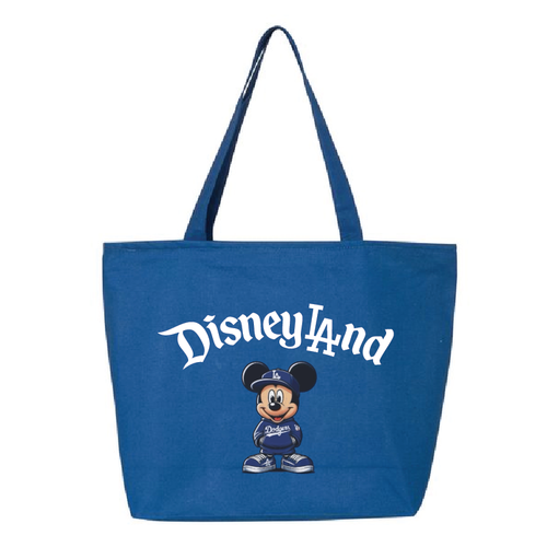 A blue canvas tote bag featuring the white 'Disneyland' script logo and a cartoon Mickey Mouse dressed in a Disneyland outfit, shown against a plain white background.