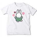 A white short-sleeve crewneck t-shirt featuring a cartoon graphic of a white bunny wearing a green shirt, surrounded by pink and burgundy flowers. A small matching bunny graphic is printed on the left sleeve.