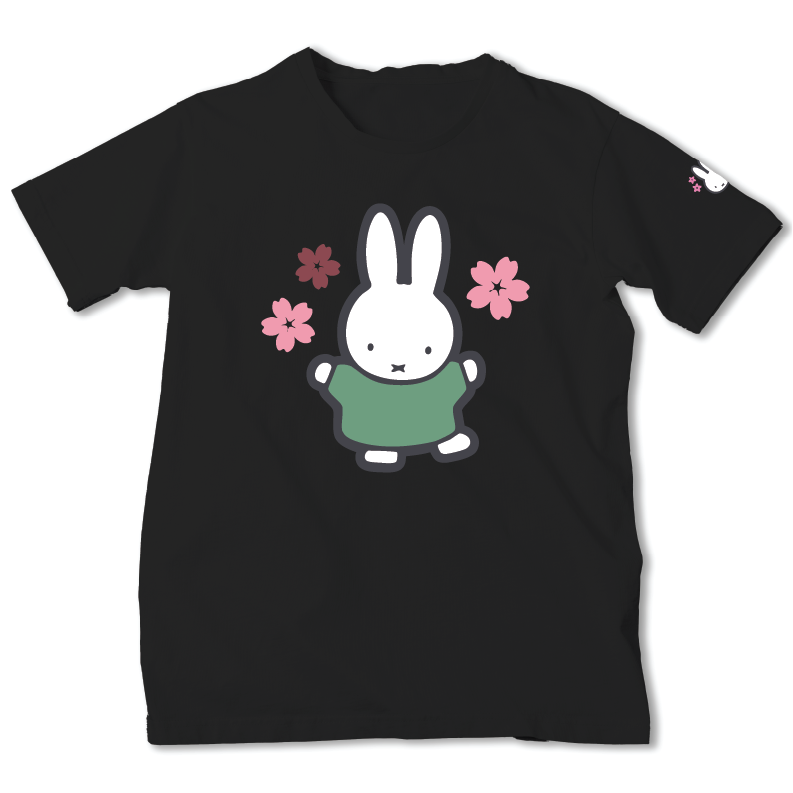 A black short-sleeve crewneck t-shirt featuring a Miffy in a green sweater surrounded by pink flowers, shown on a plain white background.