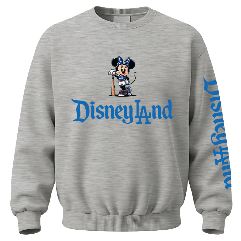 A heather gray crewneck sweatshirt featuring a graphic of Minnie Mouse holding a cane above the blue text 'DisneyLand' on the chest, with 'Disneyland' printed vertically in blue on the right sleeve.