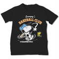 A black short-sleeve crewneck t-shirt featuring a cartoon graphic of Snoopy playing baseball with a bat and ball, wearing a blue cap, alongside Woodstock. The text 'Snoopy's BASEBALL CLUB' is printed above the illustration in white and orange.