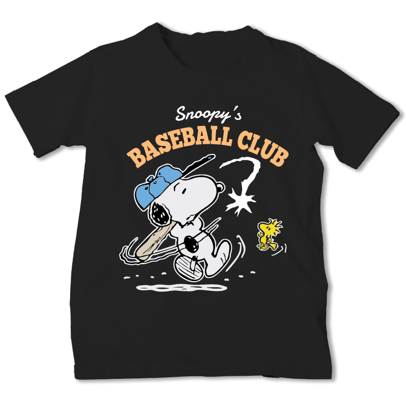 A black short-sleeve crewneck t-shirt featuring a cartoon graphic of Snoopy playing baseball with a bat and ball, wearing a blue cap, alongside Woodstock. The text 'Snoopy's BASEBALL CLUB' is printed above the illustration in white and orange.