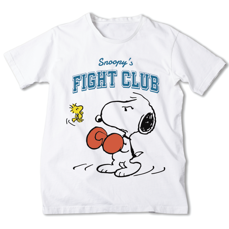 A white short-sleeve crewneck t-shirt featuring a cartoon graphic of Snoopy boxing with red gloves, accompanied by Woodstock, and the text 'Snoopy's FIGHT CLUB' in blue.