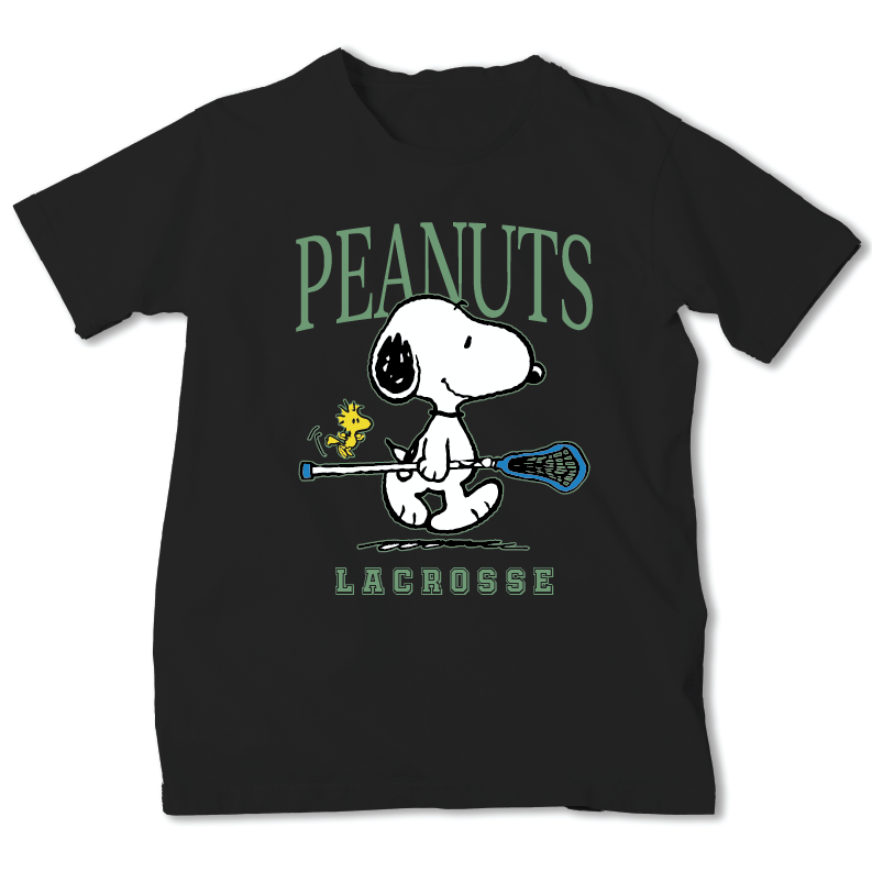 A black short-sleeve crewneck t-shirt featuring a graphic of Snoopy holding a lacrosse stick with Woodstock, under the text 'PEANUTS LACROSSE' in green.