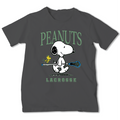 on the front. The design shows Snoopy sitting and holding a lacrosse stick with a lacrosse ball, accompanied by Woodstock, with 'PEANUTS' printed above and 'LACROSSE' printed below in a light green font.