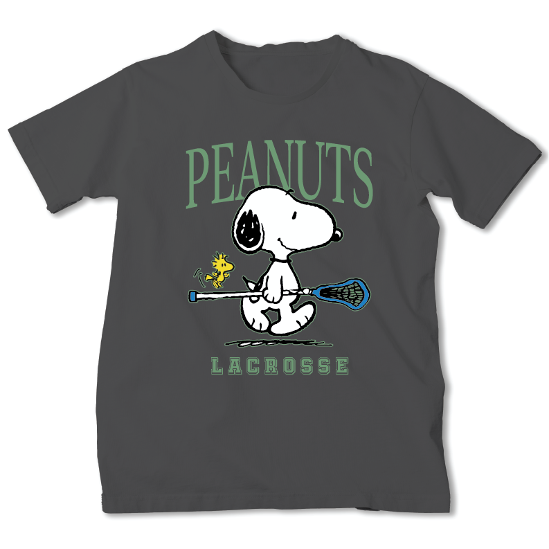 on the front. The design shows Snoopy sitting and holding a lacrosse stick with a lacrosse ball, accompanied by Woodstock, with 'PEANUTS' printed above and 'LACROSSE' printed below in a light green font.