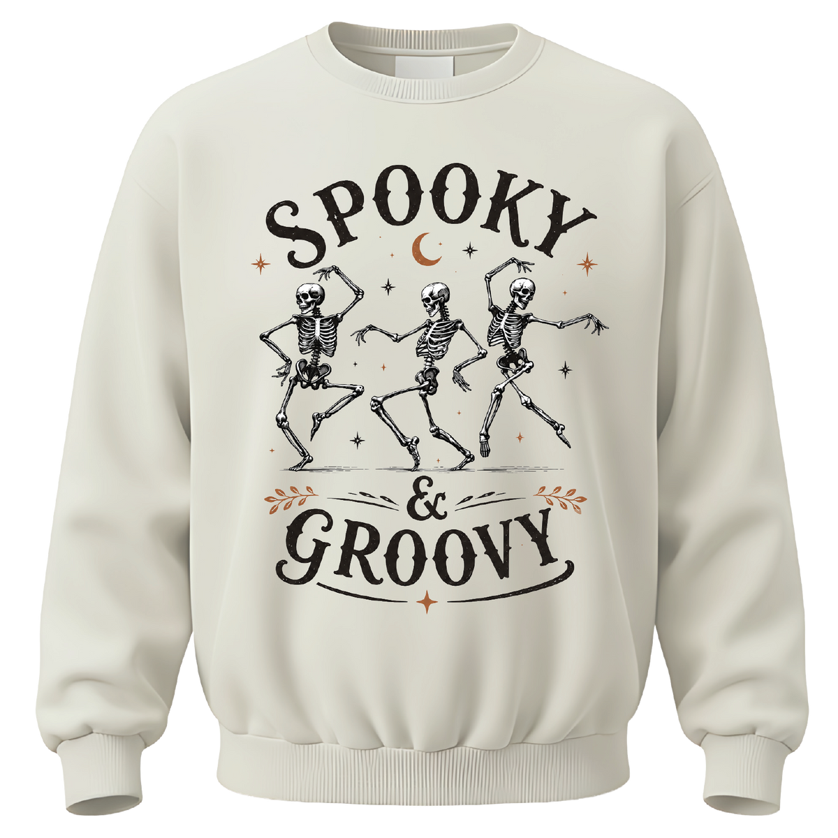 Spooky & Groovy skeleton Halloween shirt featuring dancing skeletons, stars and a crescent moon. A fun retro tee for spooky season.