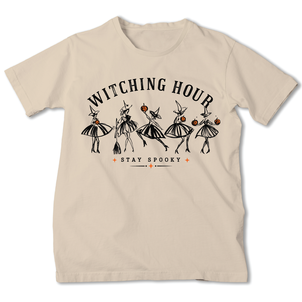 Witching Hour Halloween shirt with vintage witch graphic and pumpkins