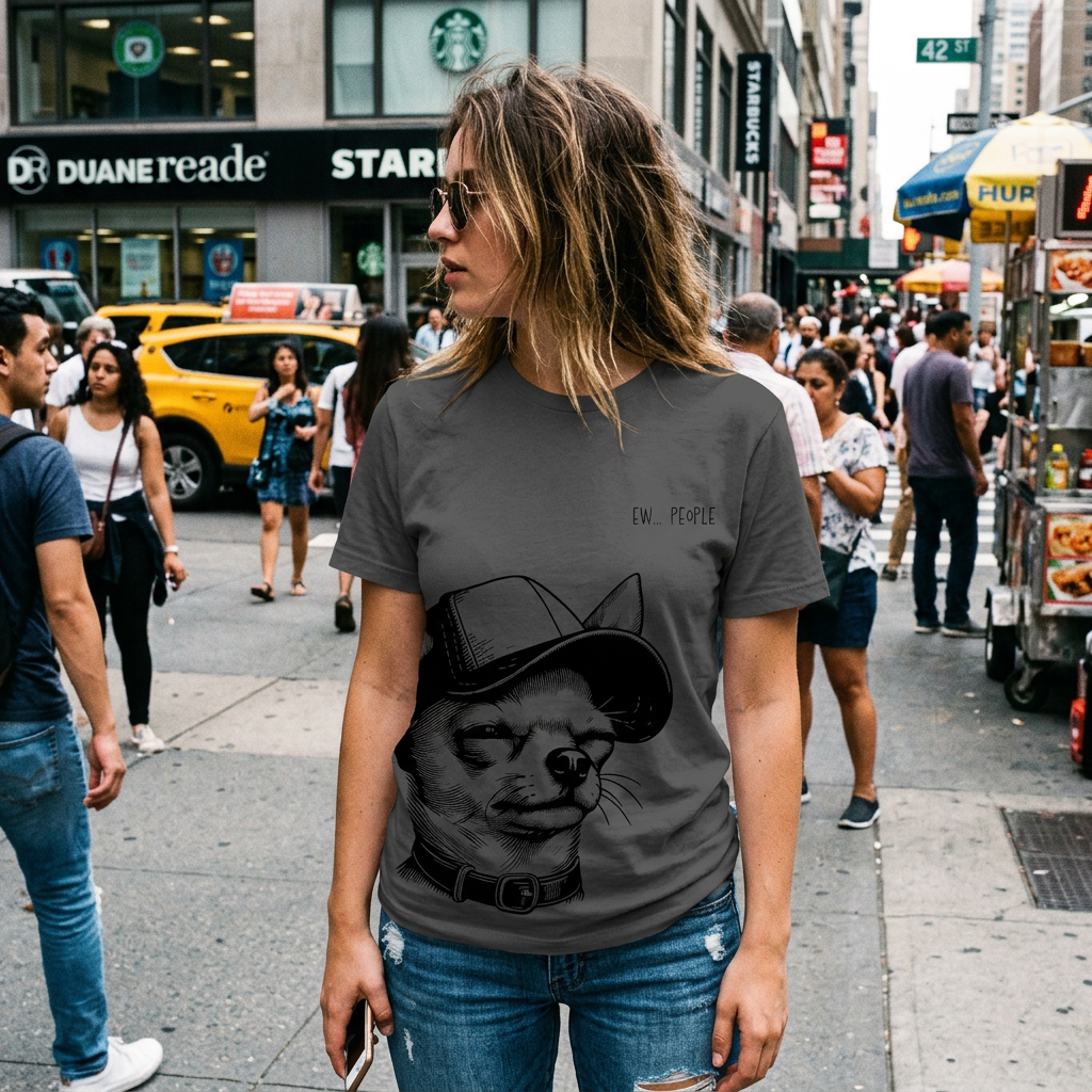 A woman walking on a busy city street wearing a dark gray graphic t-shirt with a black-and-white illustration of a dog wearing a hat.