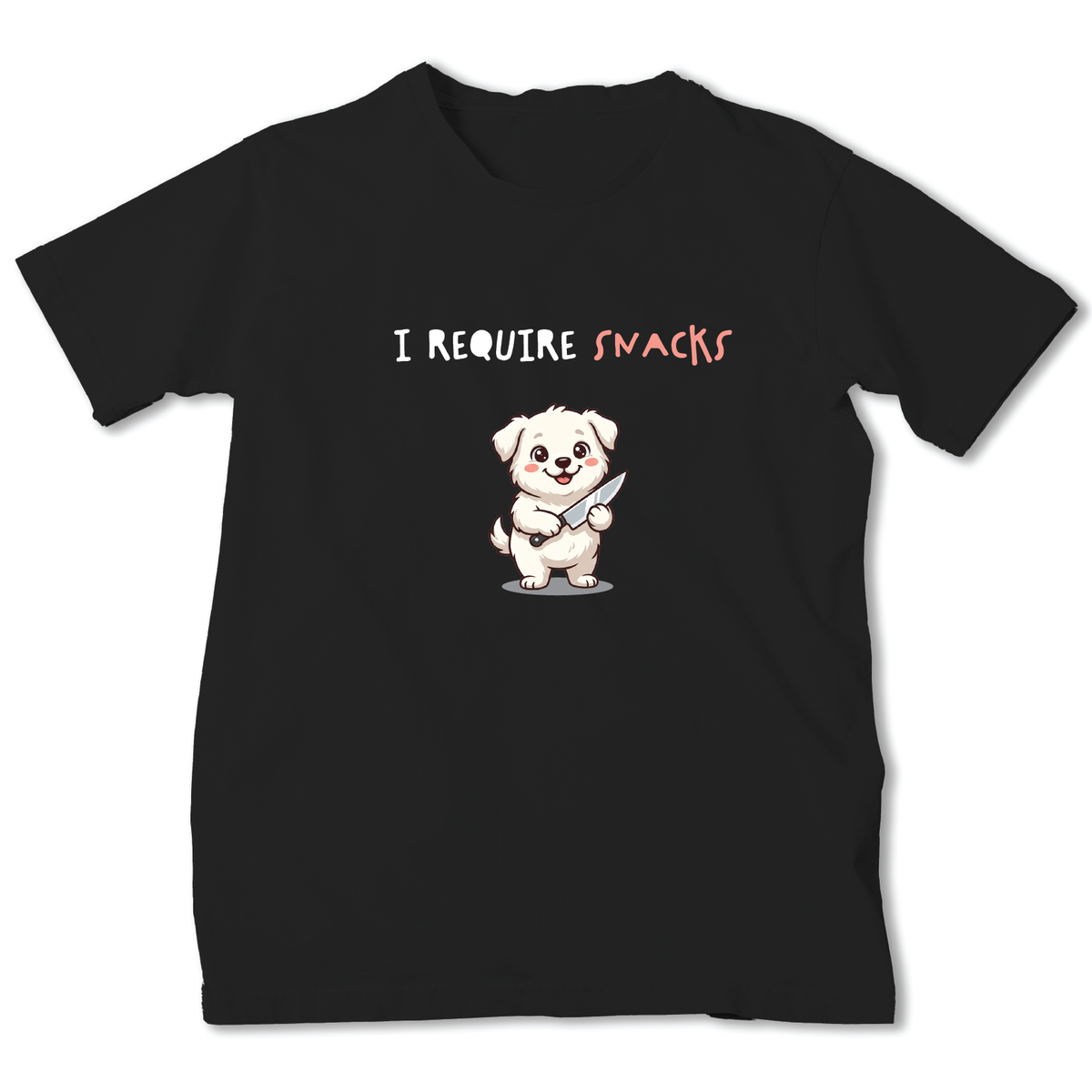A black short-sleeve crewneck t-shirt featuring a cartoon graphic of a small white dog holding a silver knife, with the text 'I REQUIRE SNACKS' printed above it in white and orange.